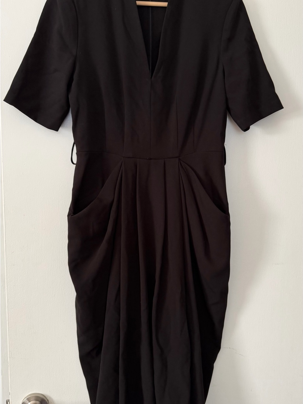 Donna Karan Black Short-Sleeve Midi Dress with Draped Skirt